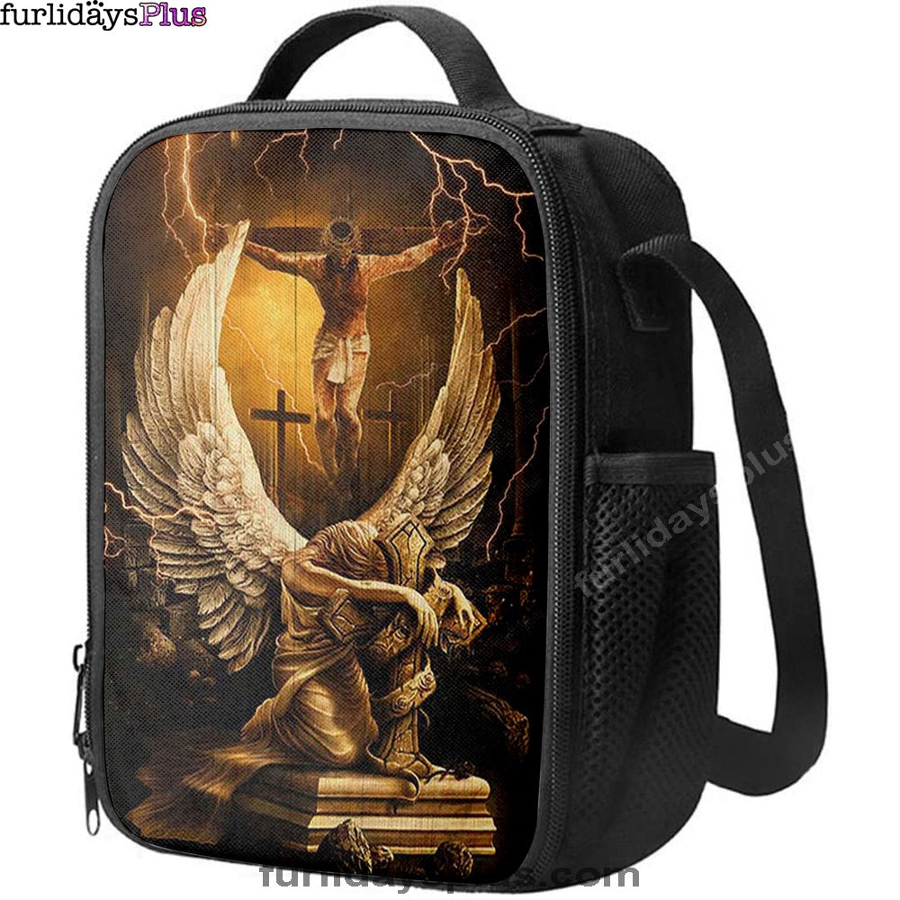 Stunning Angel Wings Jesus On The Cross Lunchbag Print, Inspirational Lunch Bag, Christian Lunchbag Lunchbag