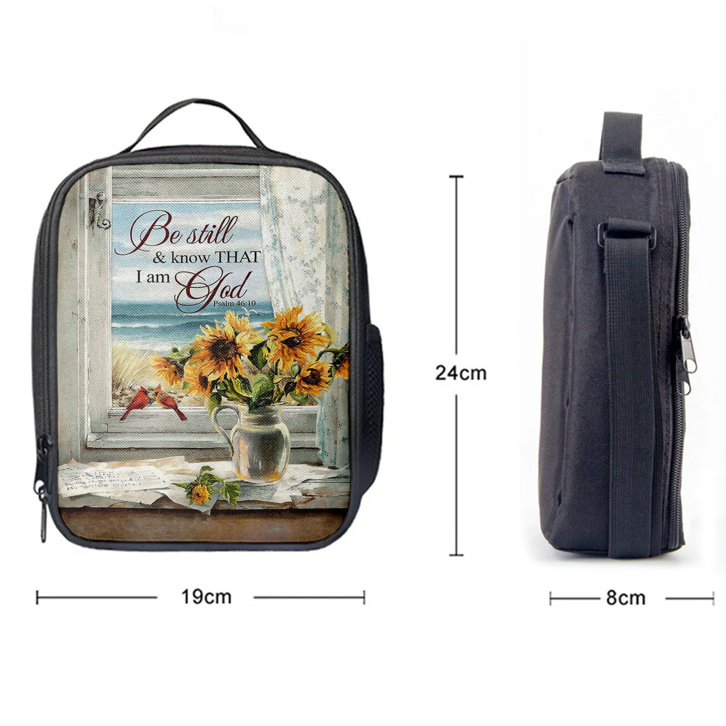 Sunflower Beach Be Still And Know That I Am God Lunch Bag, Christian Art, Bible Verse Lunchbag, Religious Lunchbag