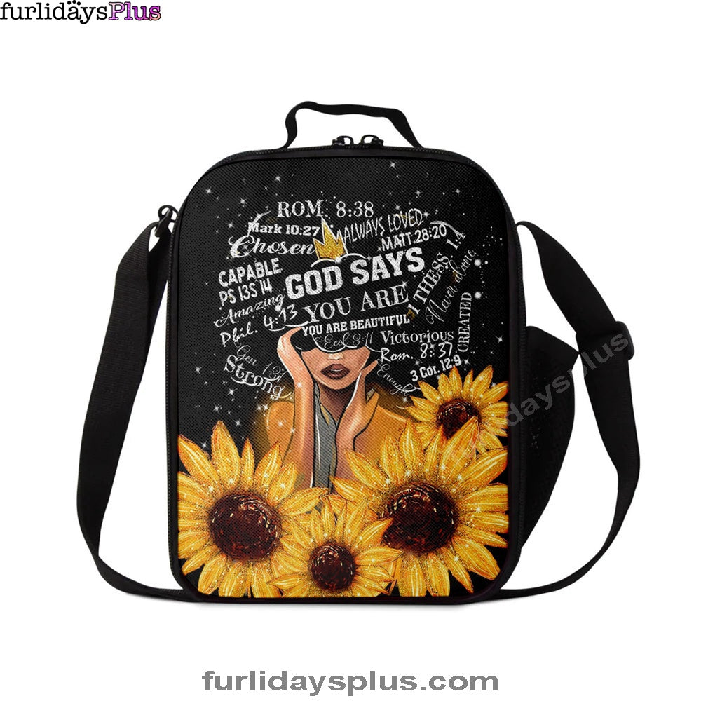 Sunflower Black Girl Lunchbag, God Says You Are Sunflower Lunchbag, Religious Lunchbag