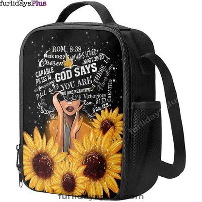 Sunflower Black Girl Lunchbag, God Says You Are Sunflower Lunchbag, Religious Lunchbag