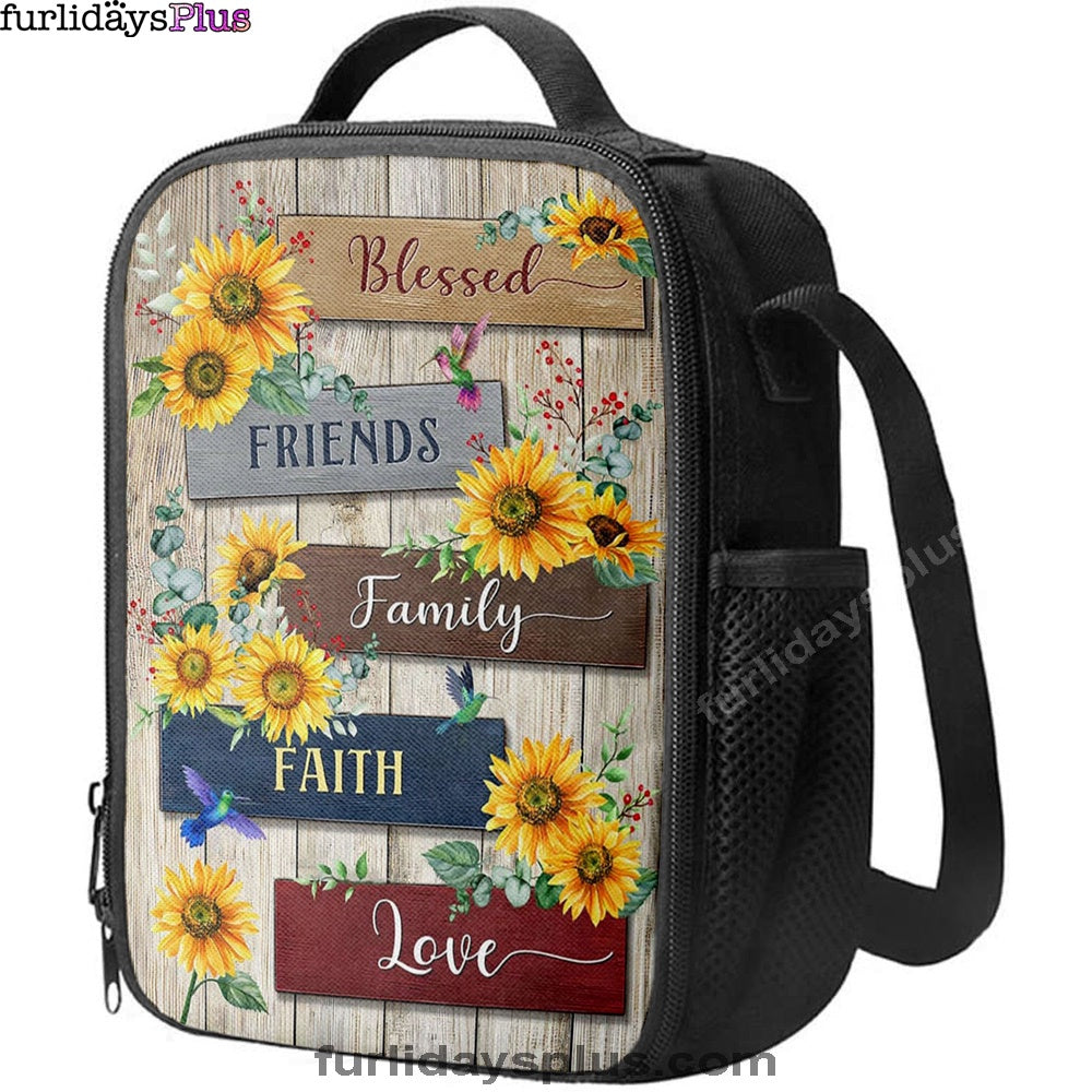 Sunflower Blessed Friends Family Faith Love Lunchbag, Inspirational Lunch Bag, Christian Lunch Bag