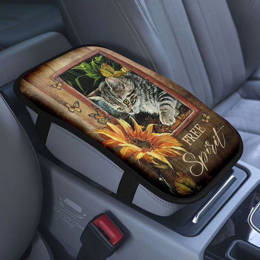 Sunflower Butterfly Cat Free Spirit Car Center Console Cover, Bible Verse Armrest Pad Cover, Religious Car Accessory