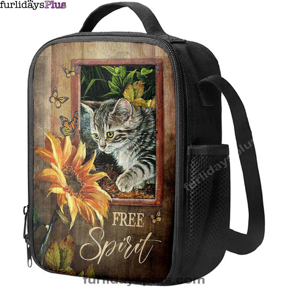Sunflower Butterfly Cat Free Spirit Lunch Bag, Christian Art, Bible Verse Lunch Bag