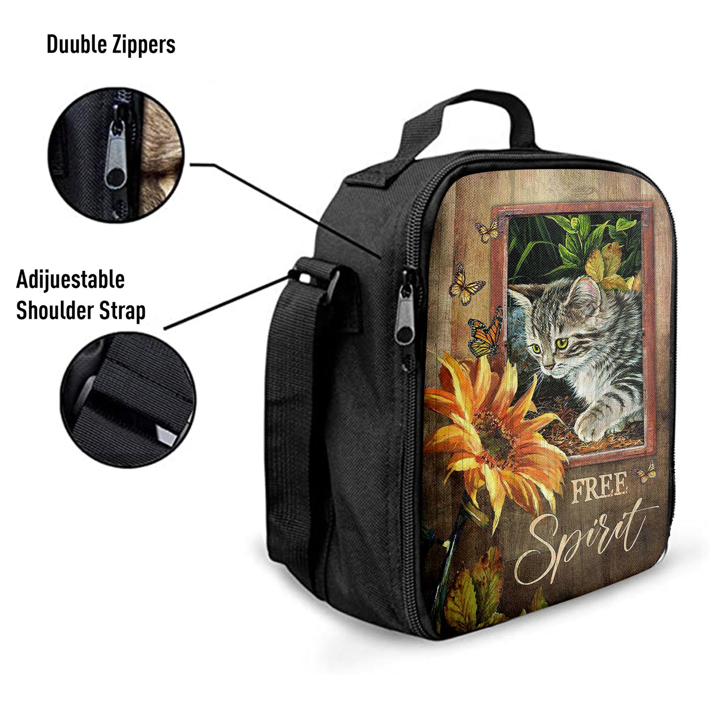Sunflower Butterfly Cat Free Spirit Lunch Bag, Christian Art, Bible Verse Lunch Bag