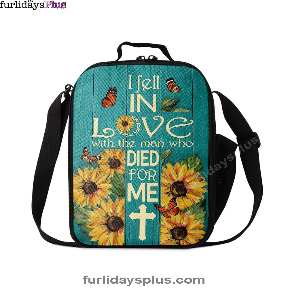 Sunflower Butterfly I Fell In Love With The Man Who Died For Me Lunch Bag, Christian Art, Bible Verse Lunch Bag