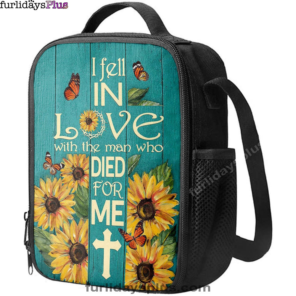 Sunflower Butterfly I Fell In Love With The Man Who Died For Me Lunch Bag, Christian Art, Bible Verse Lunch Bag