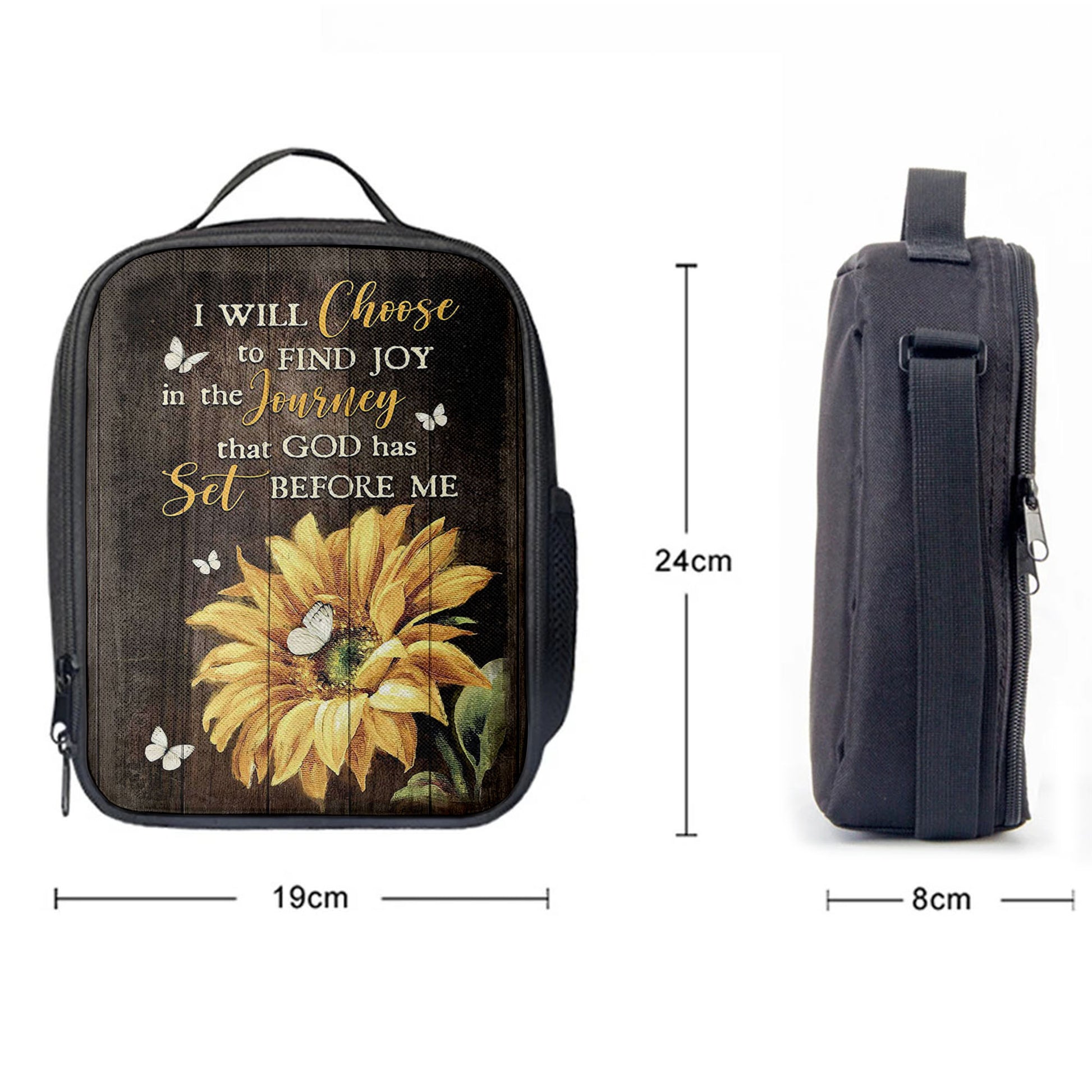 Sunflower Butterfly I Will Choose To Find Joy In The Journey Lunch Bag, Christian Art, Bible Verse Lunch Bag