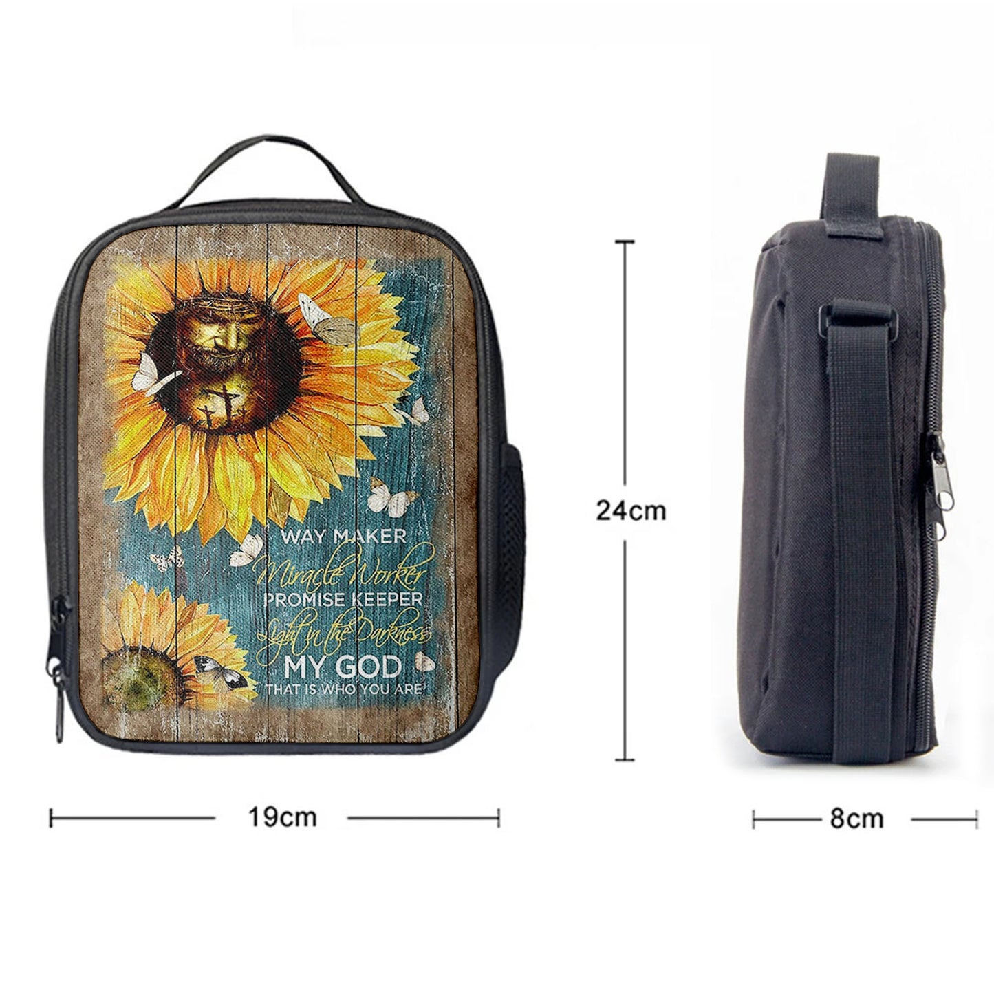 Sunflower Butterfly Way Maker Promise Keeper My Savior Lunch Bag, Christian Art, Bible Verse Lunch Bag