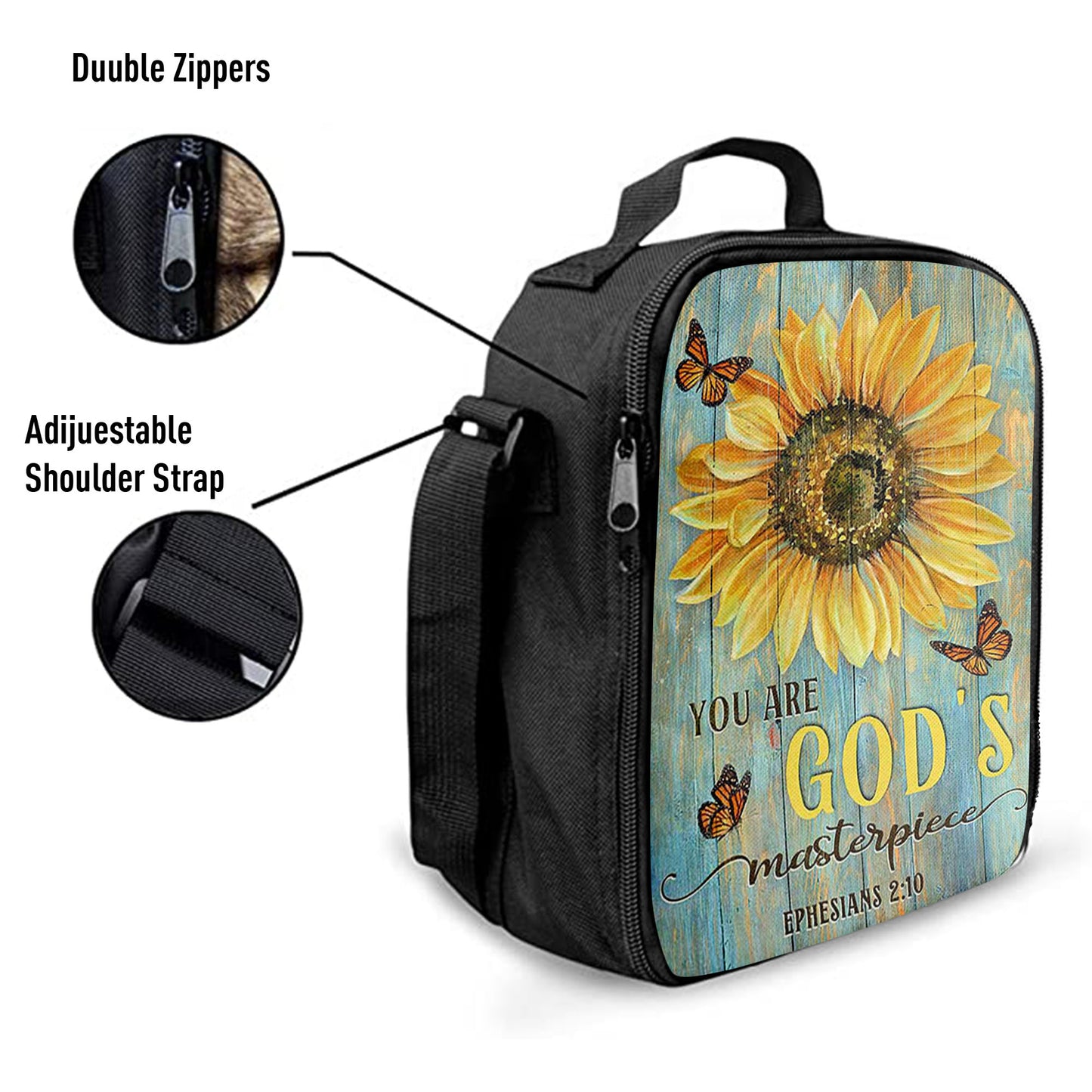 Sunflower Butterfly You Are God's Masterpiece Lunch Bag, Inspirational Lunch Bag, Christian Lunch Bag