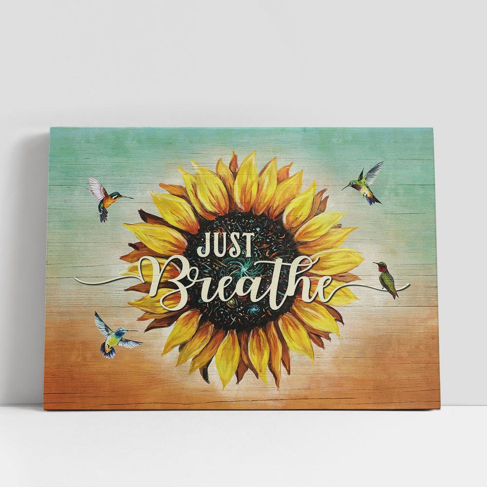 Sunflower Cardinal Just Breathe Canvas Wall Art, Bible Verse Canvas, Religious Prints