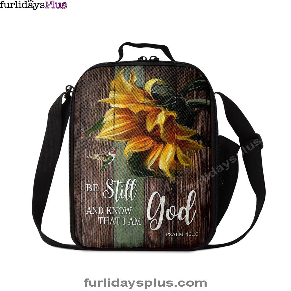Sunflower Hummingbird Be Still And Know That I Am God Lunch Bag, Christian Art, Bible Verse Lunch Bag