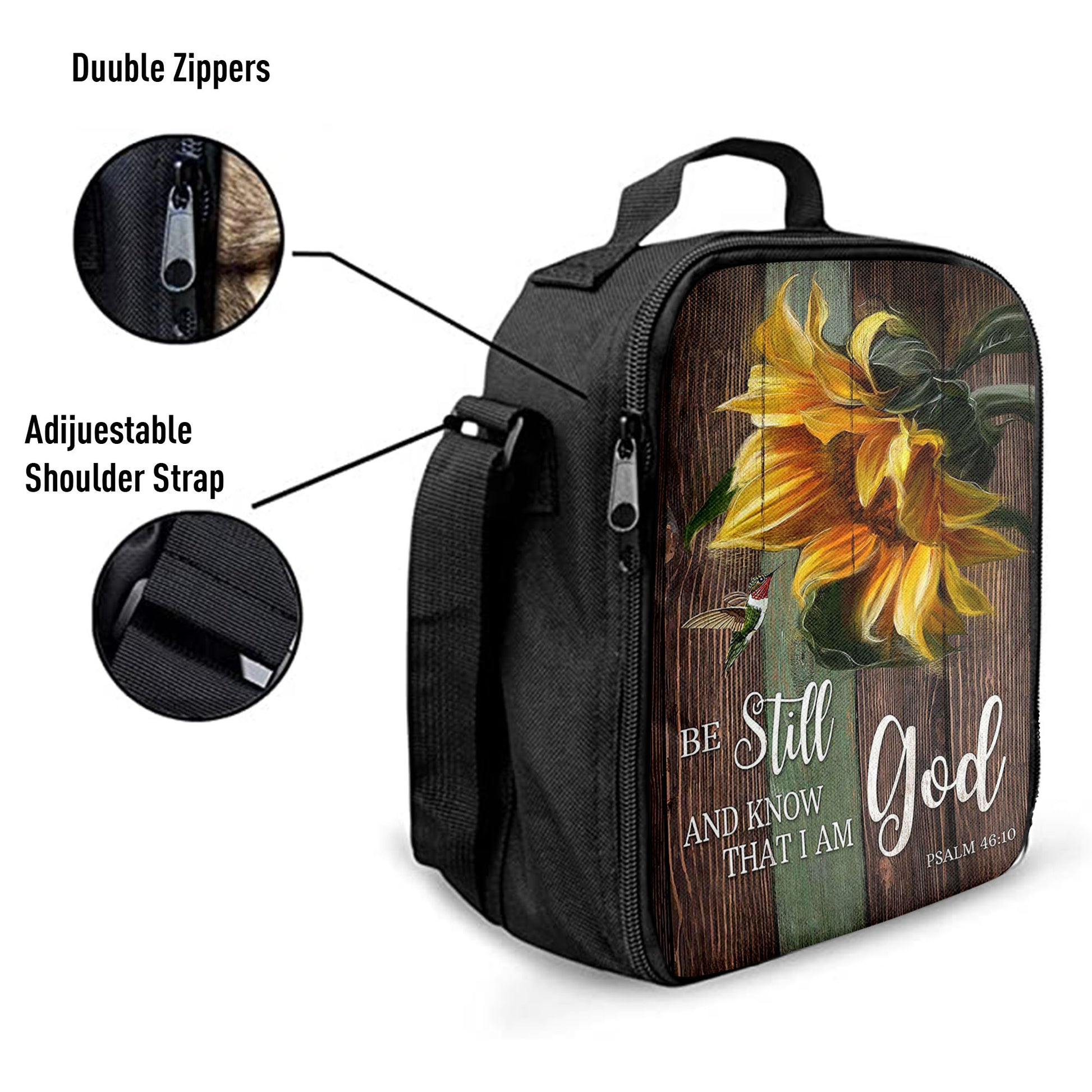 Sunflower Hummingbird Be Still And Know That I Am God Lunch Bag, Christian Art, Bible Verse Lunch Bag