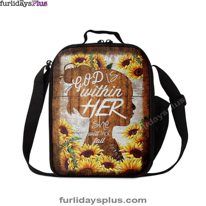 Sunflower Shadow Girl God Is Within Her She Will Not Fail Lunch Bag, Christian Art, Bible Verse Lunch Bag