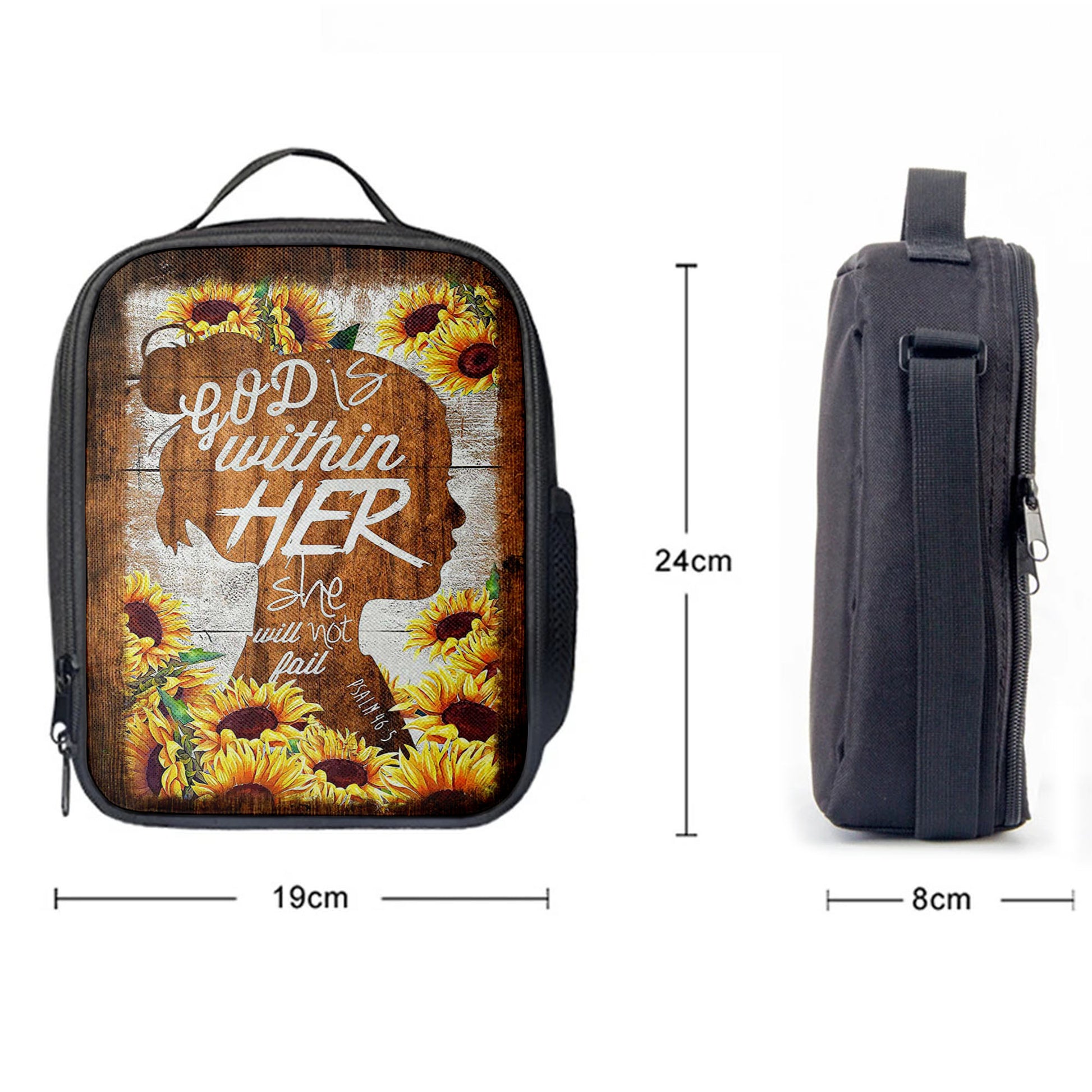 Sunflower Shadow Girl God Is Within Her She Will Not Fail Lunch Bag, Christian Art, Bible Verse Lunch Bag