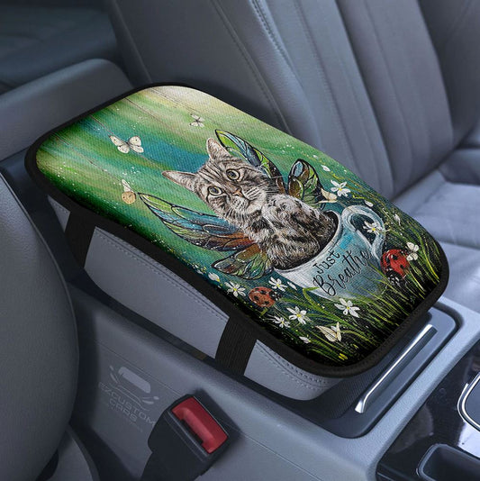 Tabby Cat Just Breathe Car Center Console Cover, Christian Armrest Pad Cover, Gift For Cat Lover