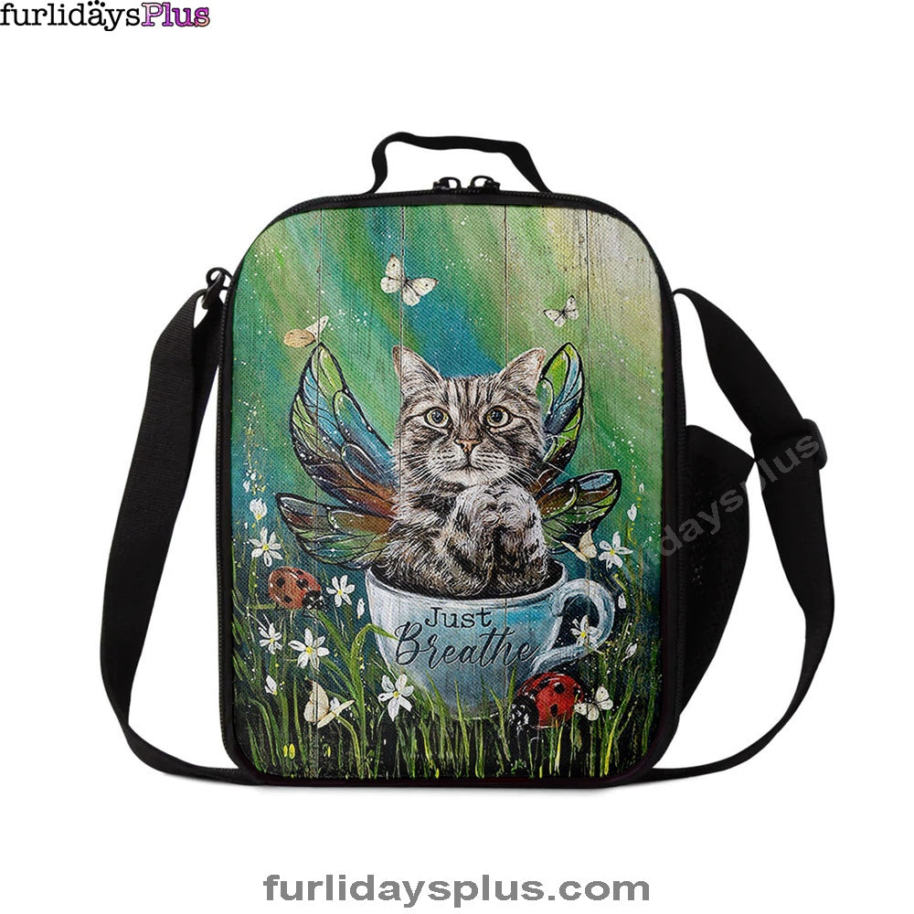 Tabby Cat Just Breathe Lunch Bag, Christian Lunch Bag, Gift For Cat Lover