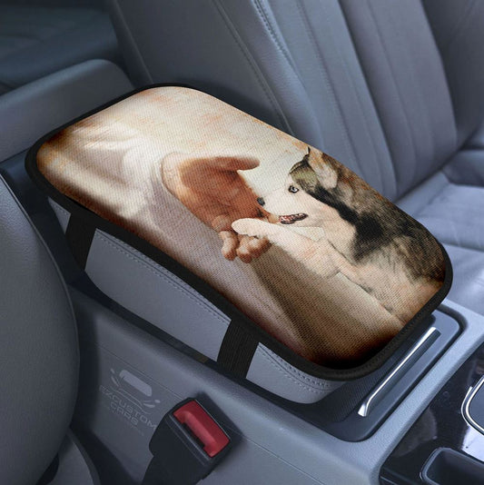 Take My Hand Jesus Siberian Husky Dog Car Center Console Cover, Inspirational Armrest Pad Cover, Christian Car Accessory