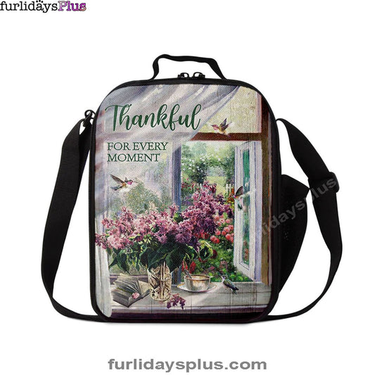 Thankful For Every Moment Lavender Peaceful Hummingbird Lunch Bag, Inspirational Lunch Bag, Christian Lunch Bag