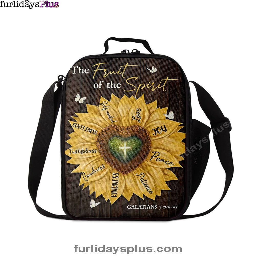 The Fruit Of The Spirit Sunflower Heart Shape Cross Lunchbag Lunch Bag, Bible Verse Lunch Bag