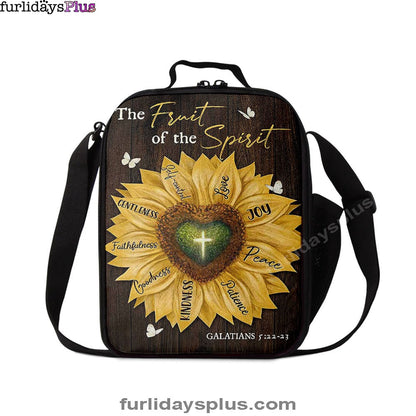The Fruit Of The Spirit Sunflower Heart Shape Cross Lunchbag Lunch Bag, Bible Verse Lunch Bag