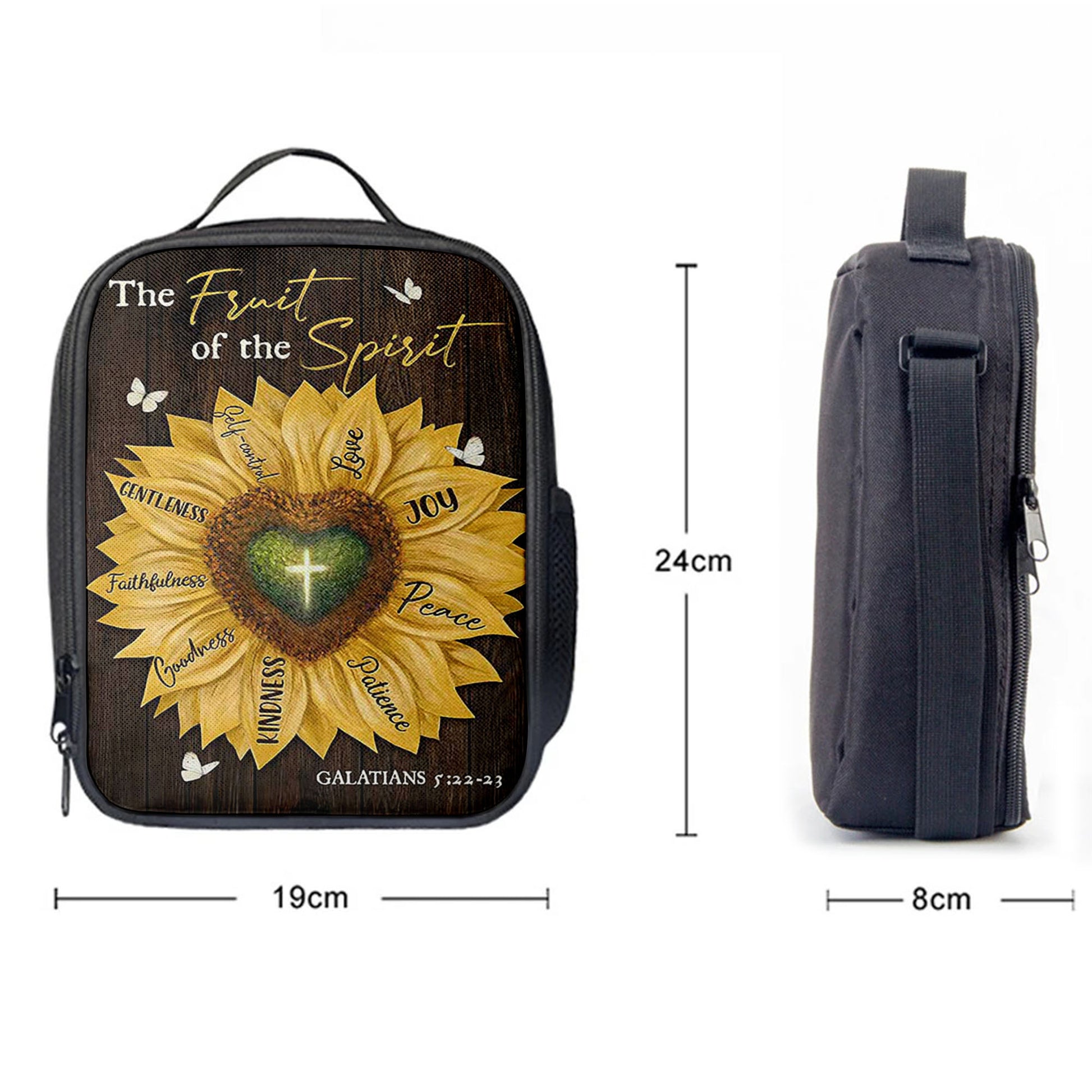 The Fruit Of The Spirit Sunflower Heart Shape Cross Lunchbag Lunch Bag, Bible Verse Lunch Bag