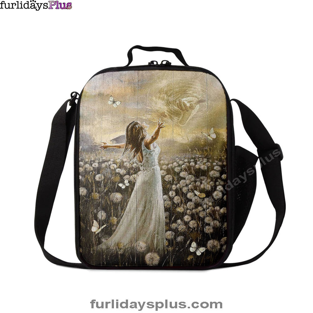 The Hand Of God Beautiful Girl Dandelion Field Lunch Bag, Christian Art, Bible Verse Lunch Bag