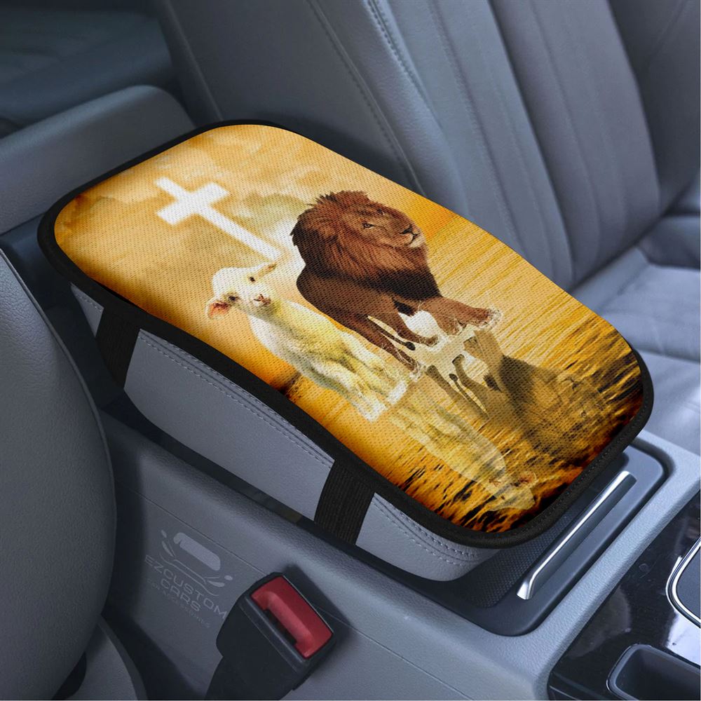 The Lamb Of God And Lion Of Judah Car Armrest Seat Cover, Bible Verse Car Center Console Cover, Scripture Car Accessory