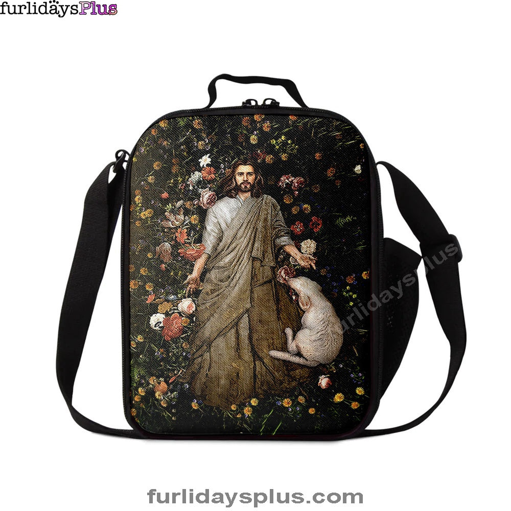 The Life Of Jesus And White Sheep Flower Garden Lunch Bag, Inspirational Lunch Bag