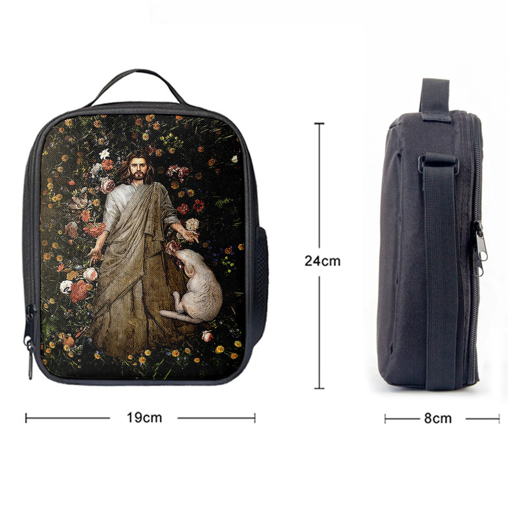 The Life Of Jesus And White Sheep Flower Garden Lunch Bag, Inspirational Lunch Bag
