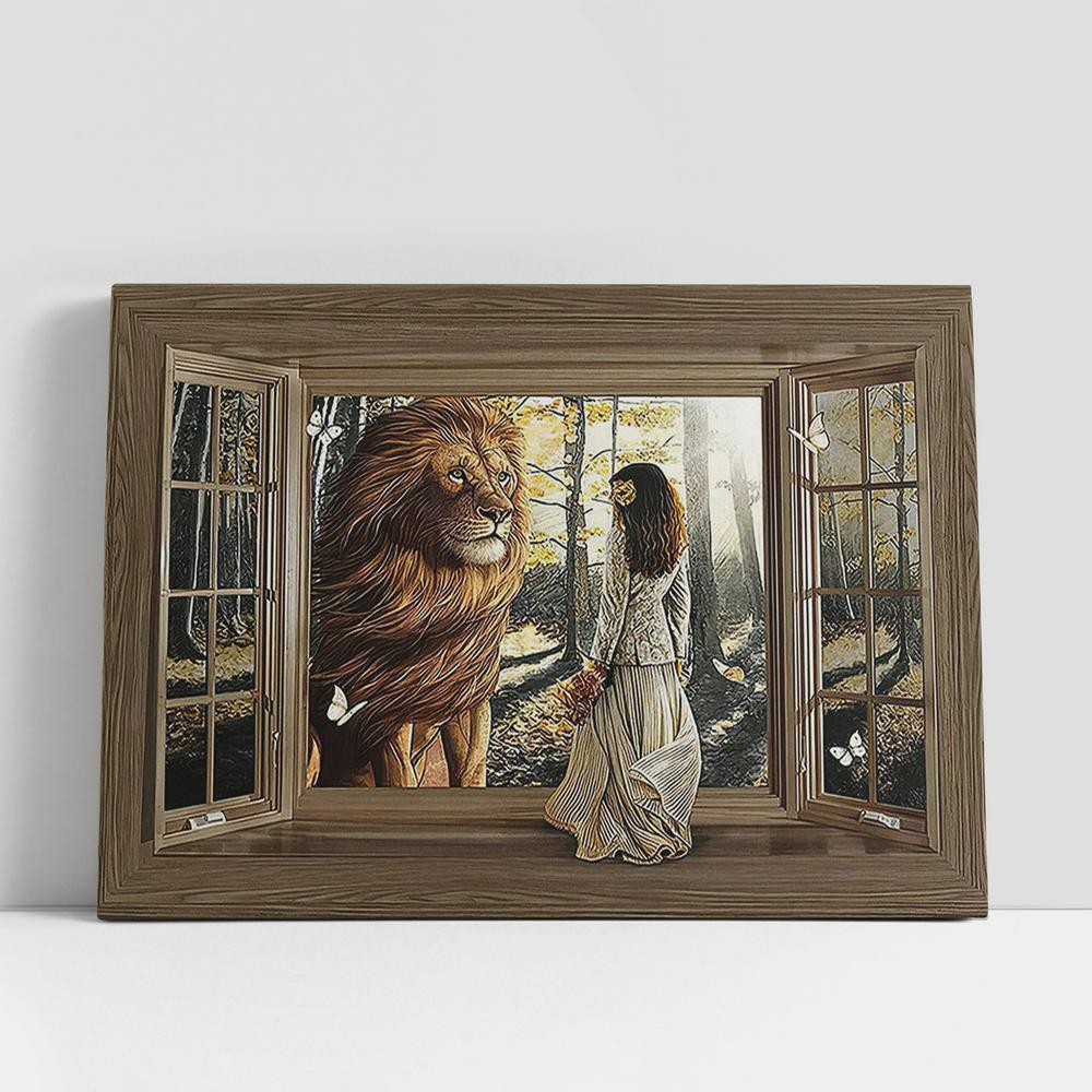 The Lion And Girl Canvas Art, Lion Canvas Wall Decor, Christian Gifts Scripture Canvas