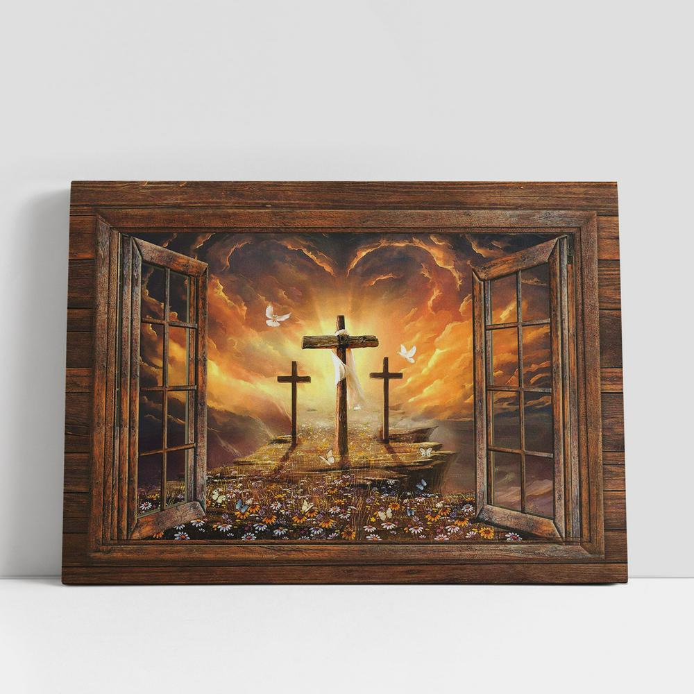 The Three Crosses Path To Heaven Sunset Canvas Art, Bible Verse Wall Art, Wall Decor Christian Gifts