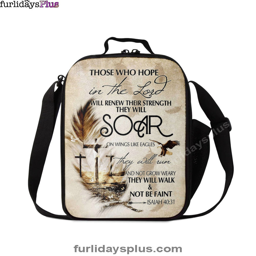 They Will Soar On Wings Like Eagles Lunchbag, The Three Crosses Feather Lunch Bag, Christian Art, Bible Verse Lunch Bag