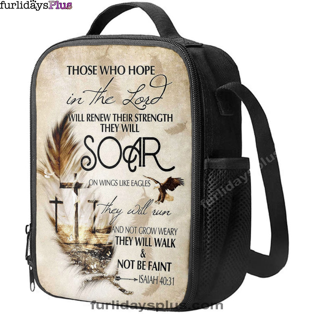 They Will Soar On Wings Like Eagles Lunchbag, The Three Crosses Feather Lunch Bag, Christian Art, Bible Verse Lunch Bag
