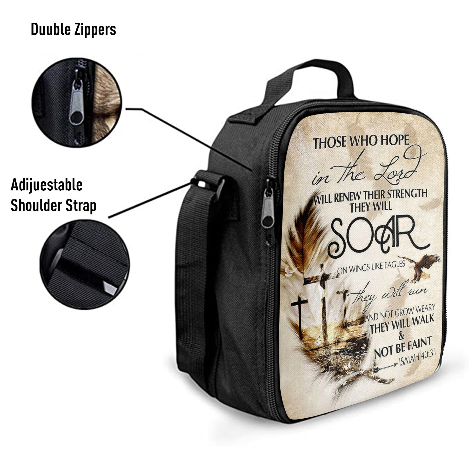 They Will Soar On Wings Like Eagles Lunchbag, The Three Crosses Feather Lunch Bag, Christian Art, Bible Verse Lunch Bag