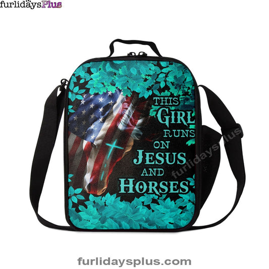 This Girl Runs On Jesus And Horses America Horse Cross Lunchbag, Jesus Christ Lunch Bag, Christian Lunchbag