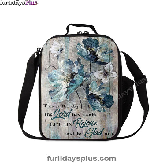 This Is The Day The Lord Has Made Blue Flower Butterfly Lunch Bag, Christian Art, Bible Verse Lunch Bag