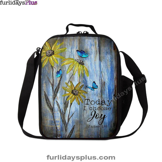 Today I Choose Joy Blue Butterfly Sunflower Lunchbag Lunch Bag, Bible Verse Lunch Bag, Inspirational Art, Christian Lunchbag