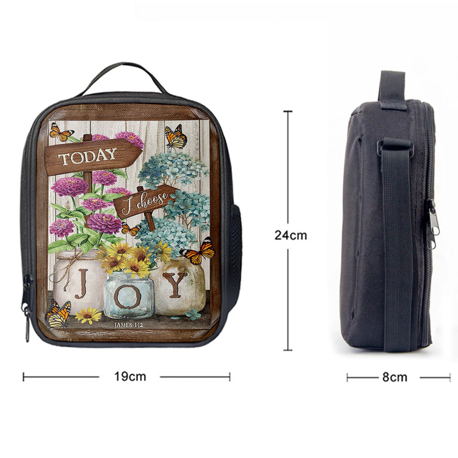 Today I Choose Joy Blue Hydrangea Butterfly Lunchbag Lunch Bag, Bible Verse Lunch Bag, Inspirational Art, Christian Lunchbag