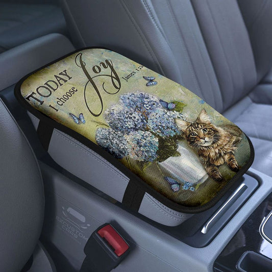 Today I Choose Joy Blue Hydrangea Pretty Cat Butterfly Car Center Console Cover, Bible Verse Armrest Pad Cover, Christian Car Accessory