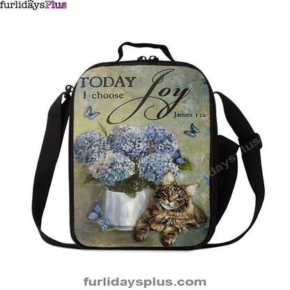 Today I Choose Joy Blue Hydrangea Pretty Cat Butterfly Lunchbag Lunch Bag, Bible Verse Lunch Bag, Inspirational Art, Christian Lunchbag