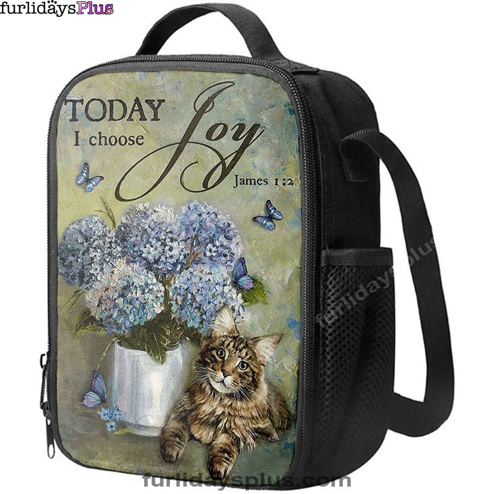 Today I Choose Joy Blue Hydrangea Pretty Cat Butterfly Lunchbag Lunch Bag, Bible Verse Lunch Bag, Inspirational Art, Christian Lunchbag