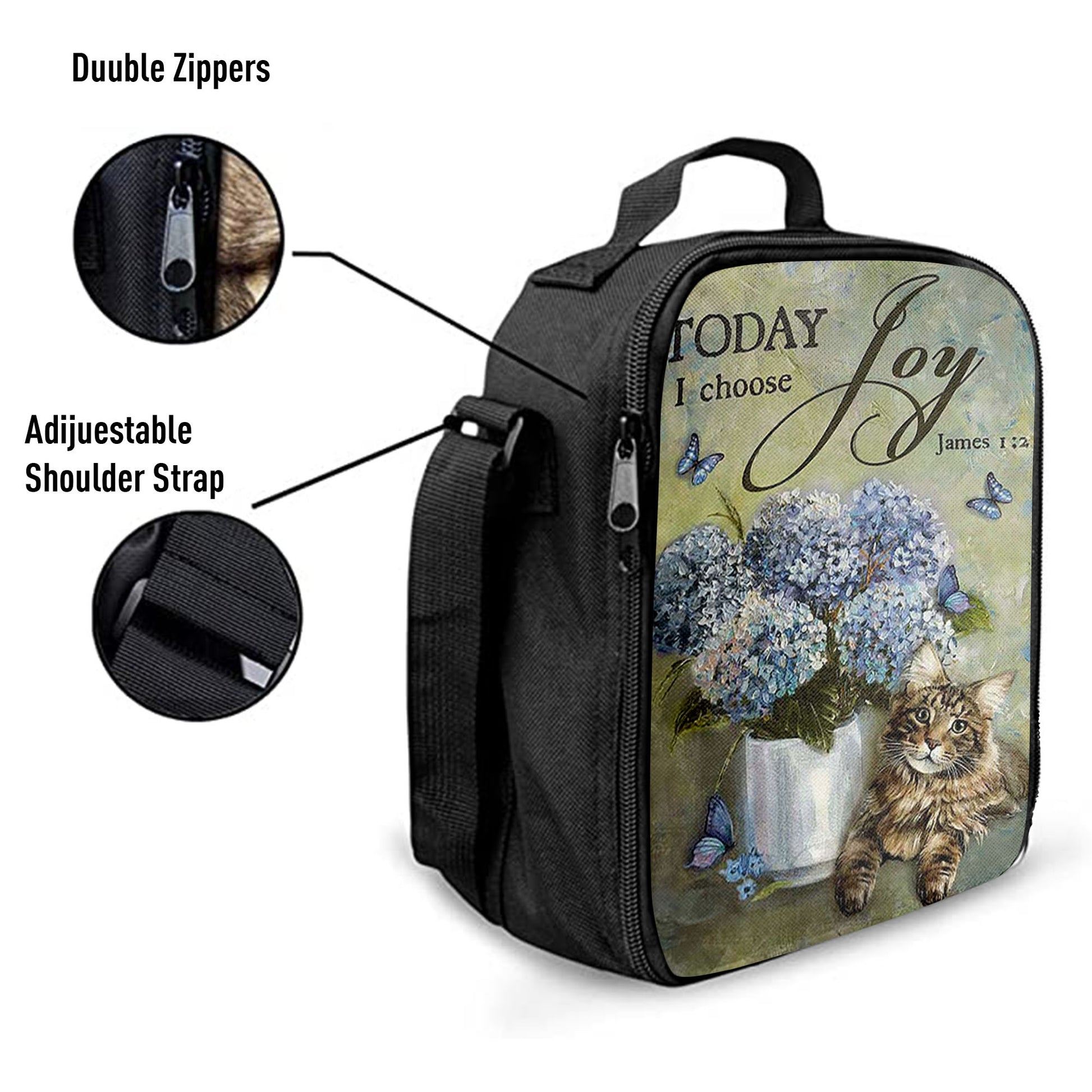 Today I Choose Joy Blue Hydrangea Pretty Cat Butterfly Lunchbag Lunch Bag, Bible Verse Lunch Bag, Inspirational Art, Christian Lunchbag