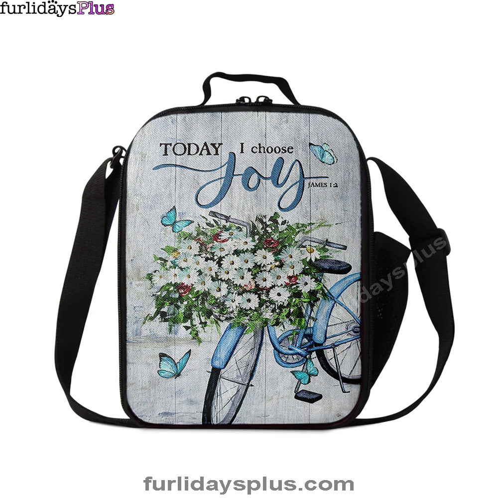 Today I Choose Joy Daisy Flower Blue Bicycle Butterfly Lunch Bag, Inspirational Lunch Bag, Christian Lunch Bag