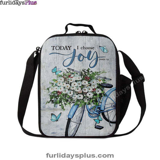 Today I Choose Joy Daisy Flower Blue Bicycle Butterfly Lunch Bag, Inspirational Lunch Bag, Christian Lunch Bag