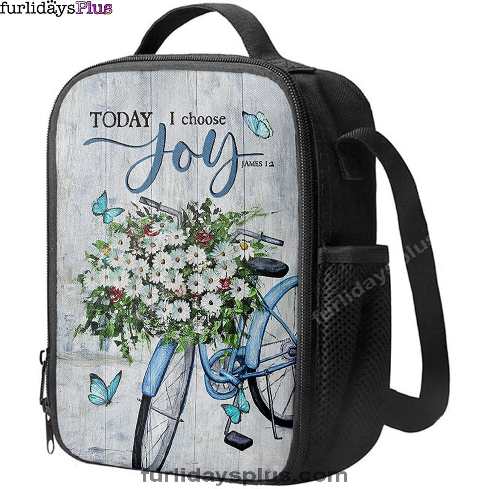 Today I Choose Joy Daisy Flower Blue Bicycle Butterfly Lunch Bag, Inspirational Lunch Bag, Christian Lunch Bag