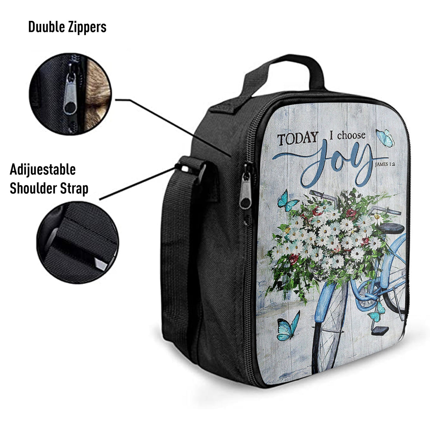 Today I Choose Joy Daisy Flower Blue Bicycle Butterfly Lunch Bag, Inspirational Lunch Bag, Christian Lunch Bag