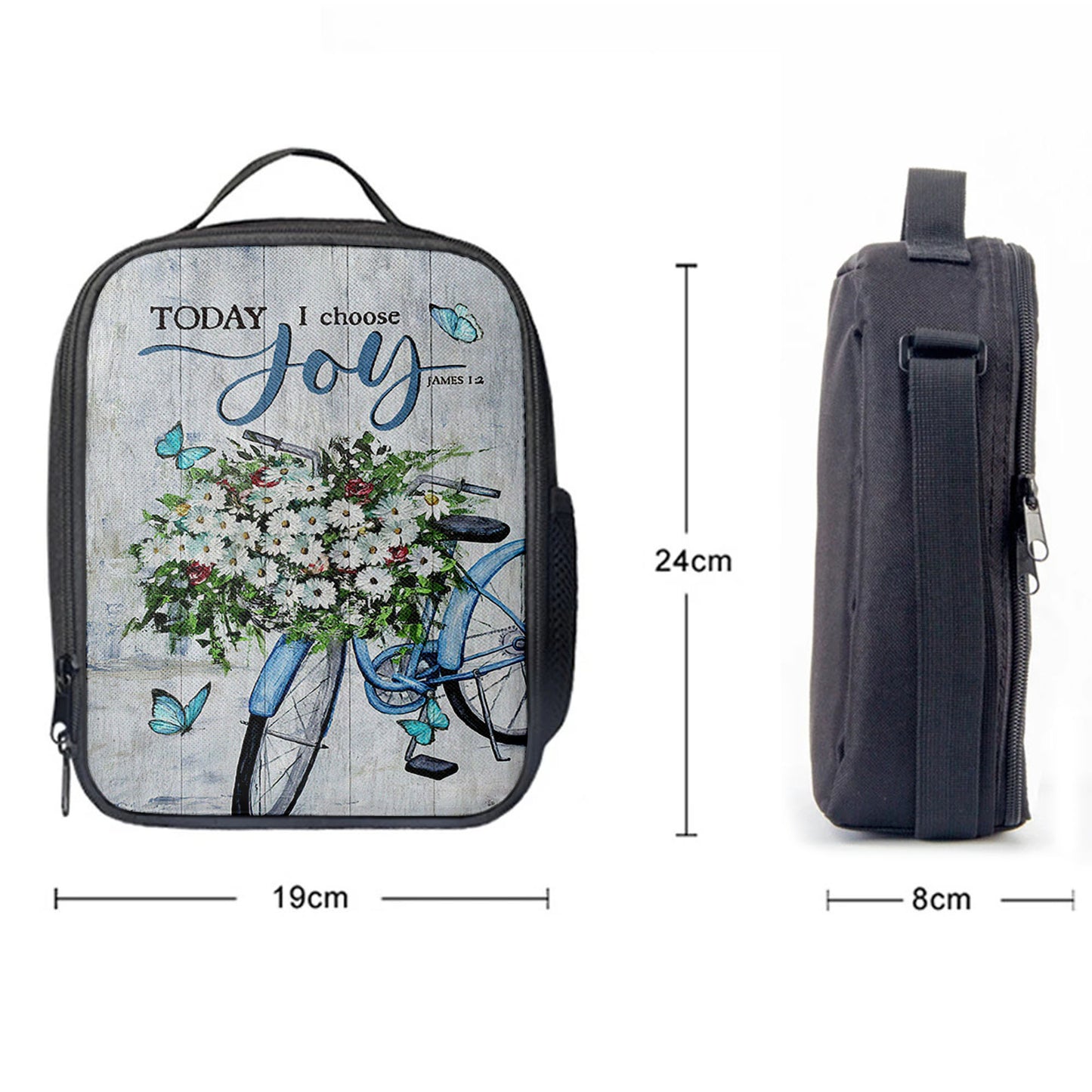 Today I Choose Joy Daisy Flower Blue Bicycle Butterfly Lunch Bag, Inspirational Lunch Bag, Christian Lunch Bag