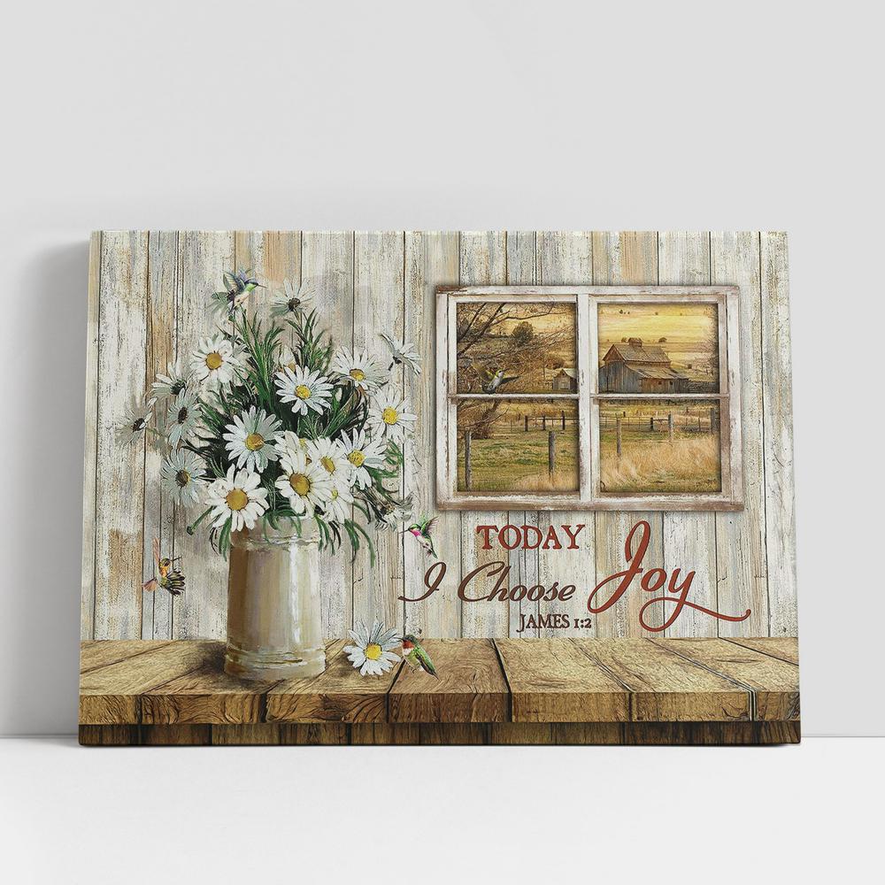 Today I Choose Joy Daisy Vase Window Frame Canvas Wall Art, Bible Verse Canvas, Religious Prints