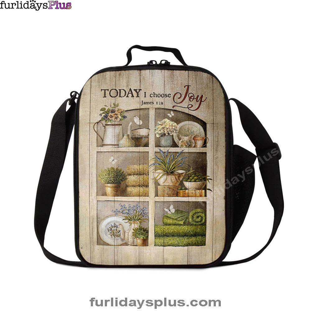 Today I Choose Joy Flower Vase White Butterfly Lunchbag Lunch Bag, Christian Lunchbag, Bible Verse Lunch Bag