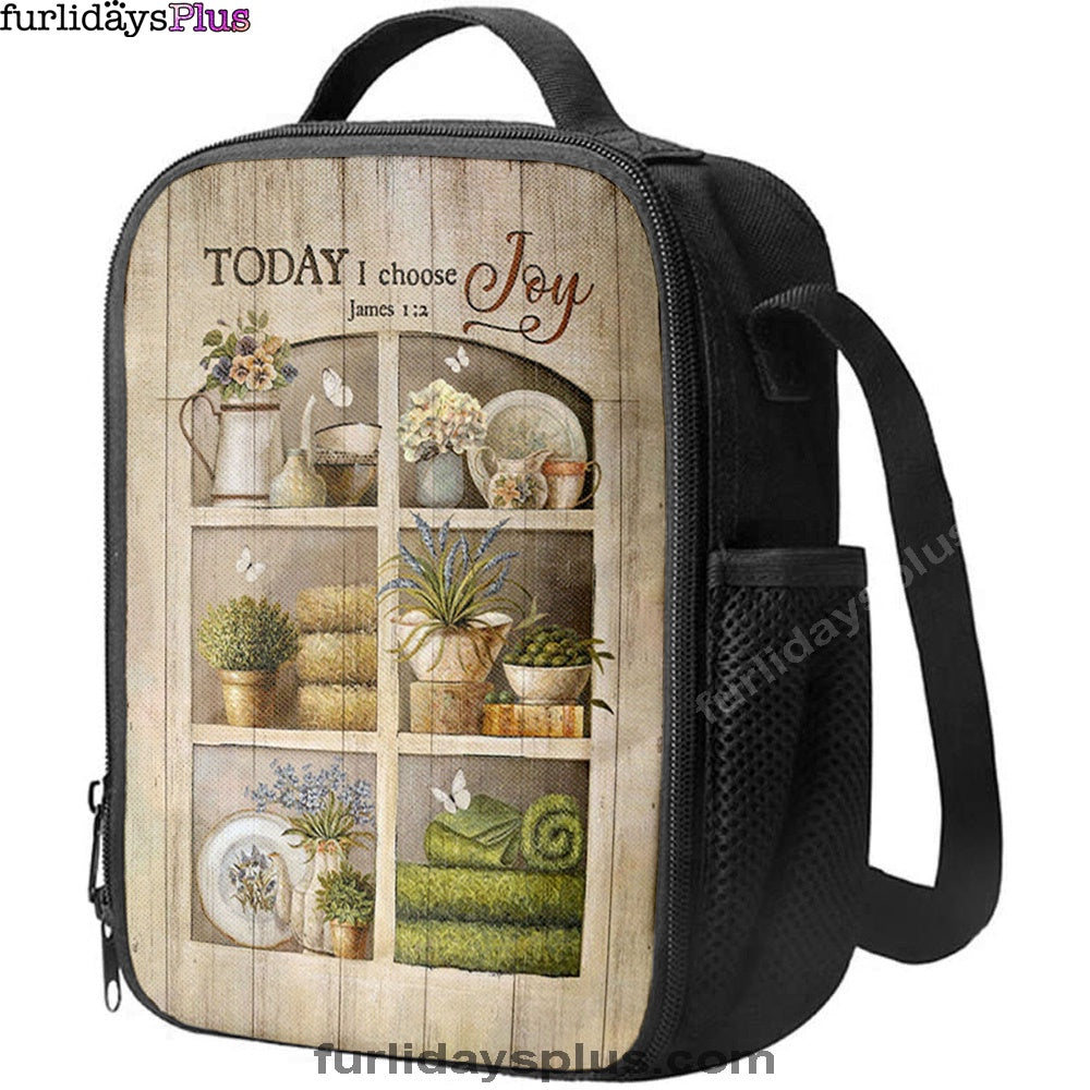 Today I Choose Joy Flower Vase White Butterfly Lunchbag Lunch Bag, Christian Lunchbag, Bible Verse Lunch Bag
